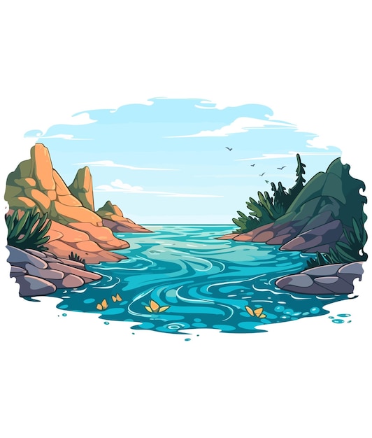 Vector ocean at the end of the river mountain river illustration