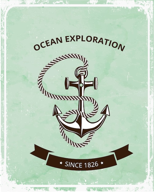 Vector ocean exploration emblem with anchor and rope