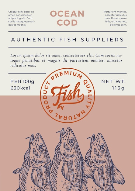 Vector ocean fish abstract vector packaging design or label modern typography banner hand drawn codfish silhouette with lettering logo stamp color paper background layout