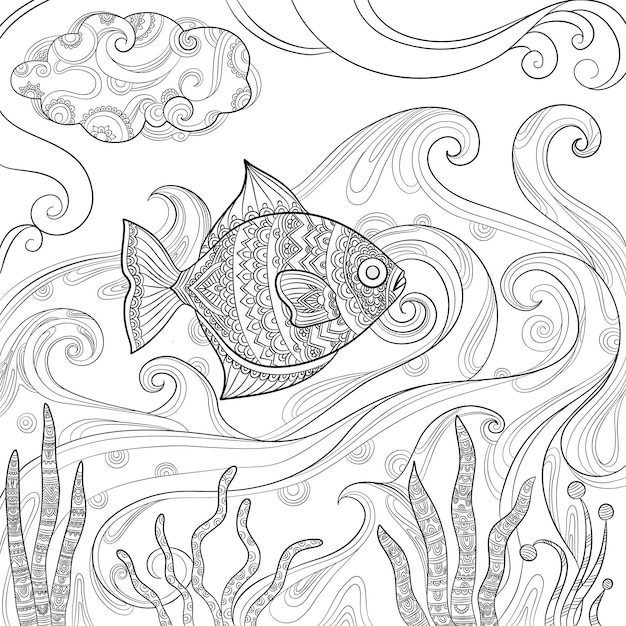 Ocean fish coloring Fashion pictures of water sea or ocean animals vector drawings for adults books Fish in sea book coloring sketch illustration