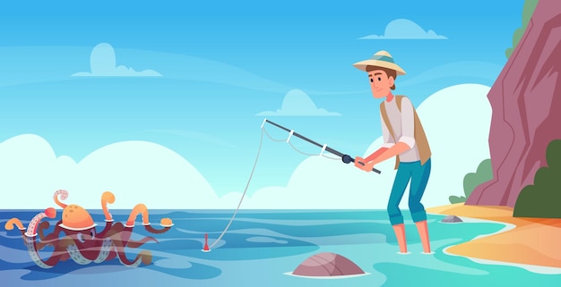Ocean fishing Background with wild creature octopus underwater exact vector cartoon illustration