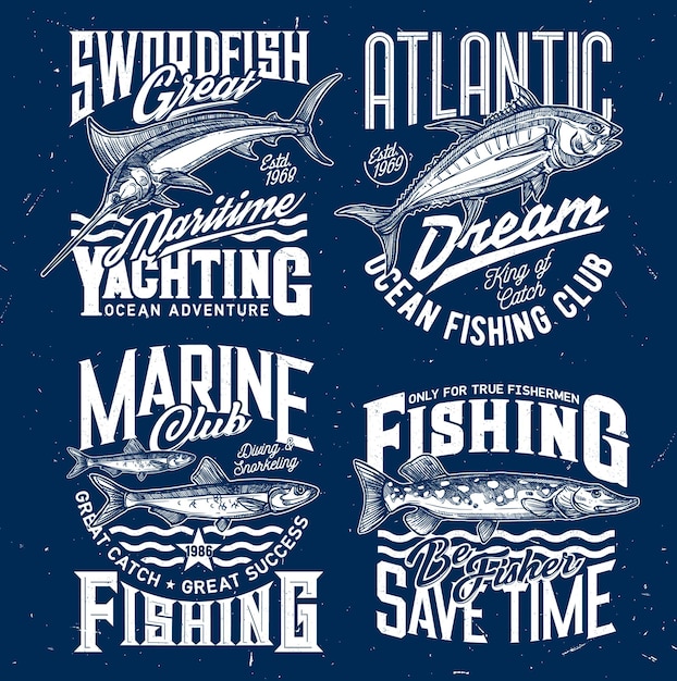 Ocean fishing and yachting club. Swordfish or marlin, tuna fish and sprat, northern pike engraved .