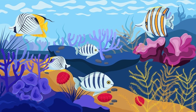 Fondale oceanico, coralli, alghe e conchiglie dai colori vivaci e pesci carini. illustrazione vettoriale