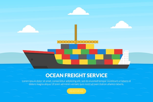 Vector ocean freight service landing page template cargo ship container cargo logistics and transportation