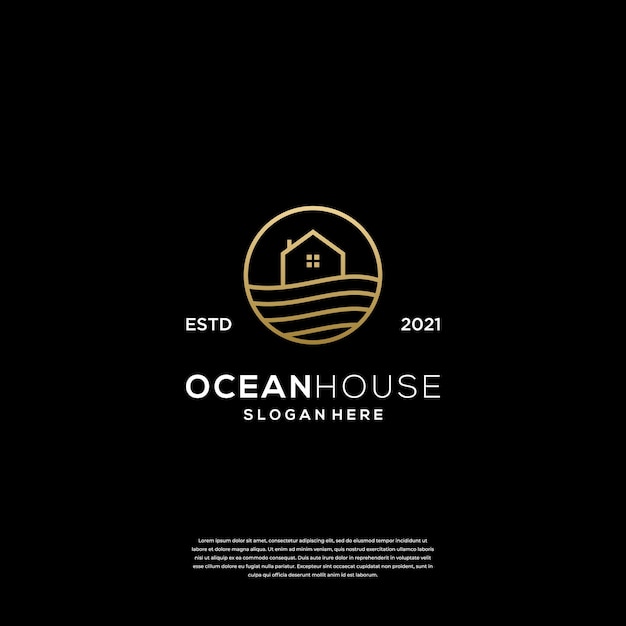 Vettore modello di progettazione del logo della casa sull'oceano