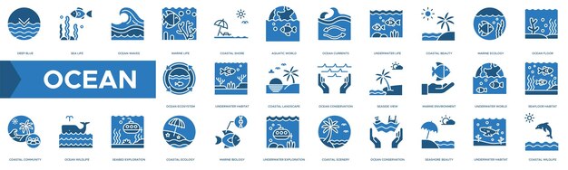 Vector ocean icon deep blue sea life ocean waves marine life and coastal shore