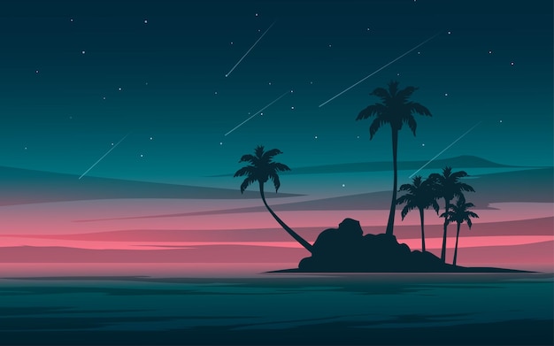 Vector ocean landscape with island silhouette at night