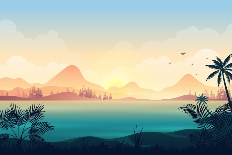 Vector ocean landscape with silhouettes of mountains and tropical floral