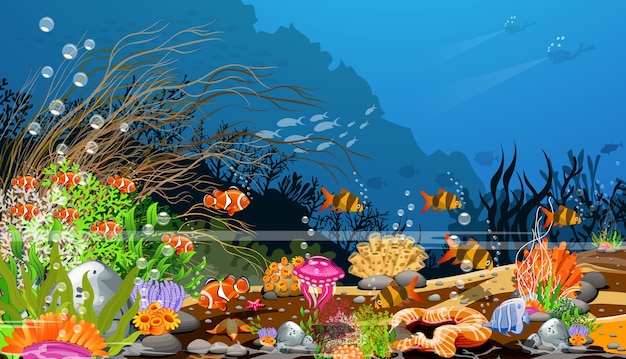 Vector the ocean, landscapes under the ocean, and living things that live together.