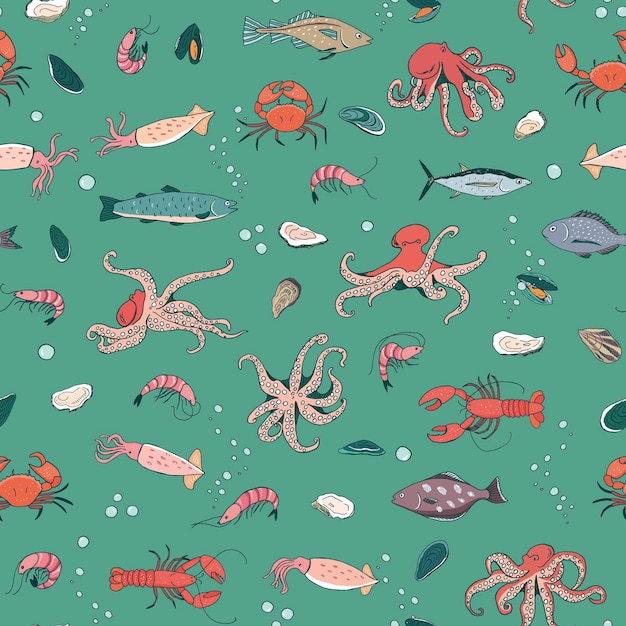 Ocean life octopus crab lobster squid shrimp oyster mussels fish vector seamless pattern