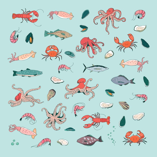 Ocean life octopus krab kreeft inktvis garnalen oester mosselen vis vector illustraties set