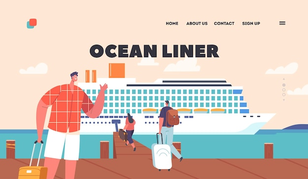 Vector ocean liner landing page template tourists waiting boarding on cruise ship at wooden pier people in marine voyage