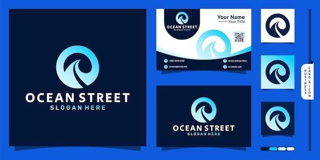 Ocean logo with street concept and business card design Premium vector