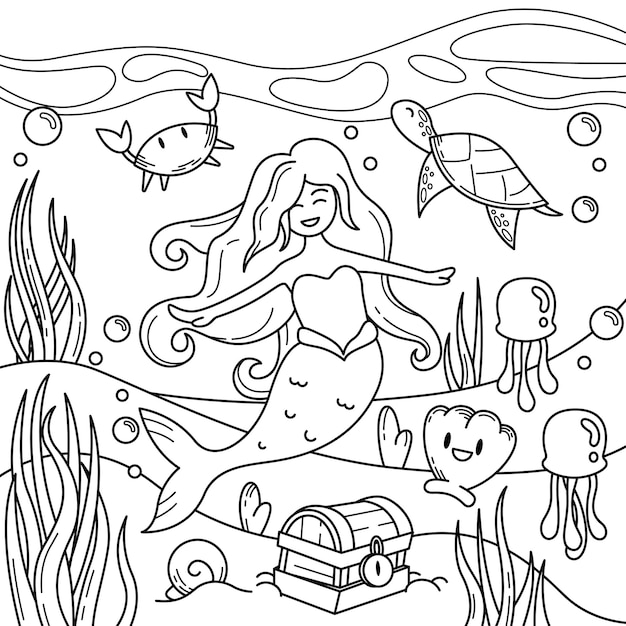 Vector ocean mermaid coloring page kawaii illustration