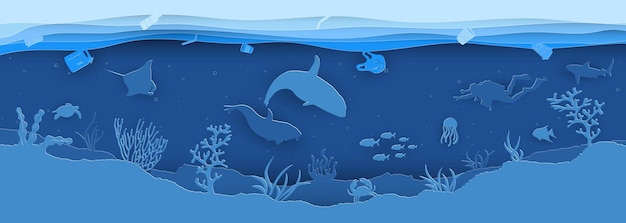 Ocean pollution with inhabitants and debris and plastic bottlespaper cut style vector illustration