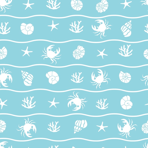 Vector ocean print with crabs algae starfish and shells summer seamless pattern