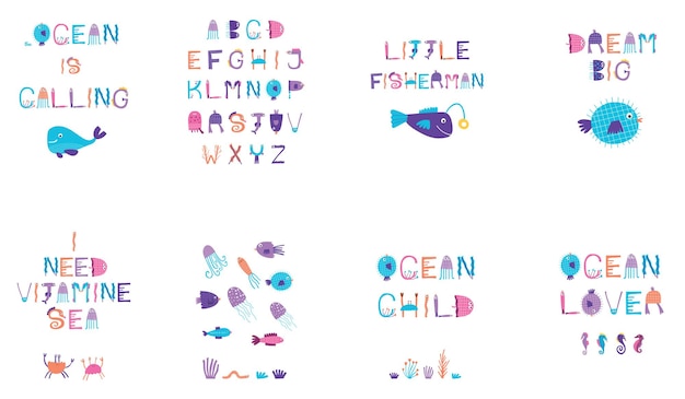 Ocean related quotes. Poster set. Vector illustration.