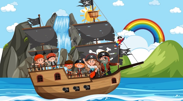 船に乗っている海賊の子供たちと昼間の海のシーン