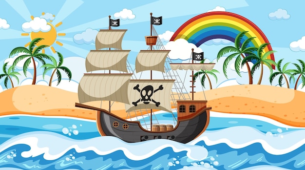 Ocean scene at day time with Pirate ship in cartoon style