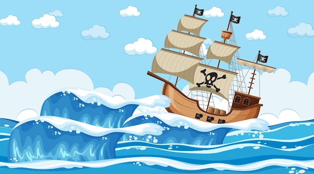 Ocean scene at day time with pirate ship in cartoon style