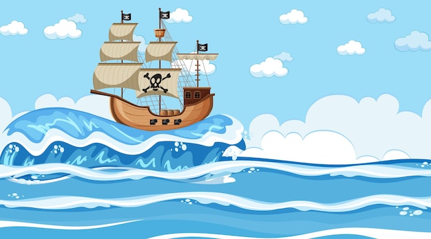 Ocean scene at day time with pirate ship in cartoon style