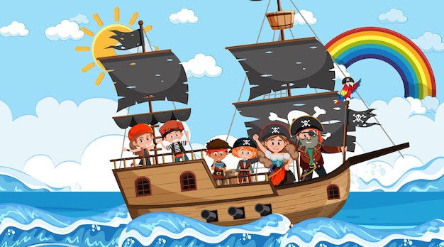 Ocean scene at daytime with pirate kids on the ship