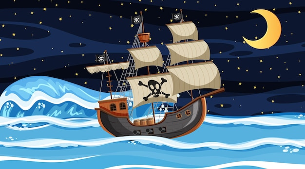 Ocean scene at night with Pirate ship in cartoon style