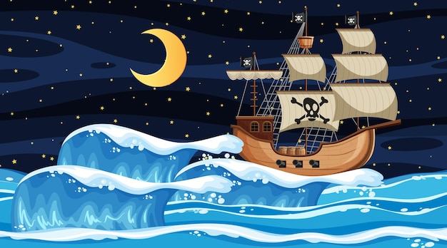 Vector ocean scene at night with pirate ship in cartoon style