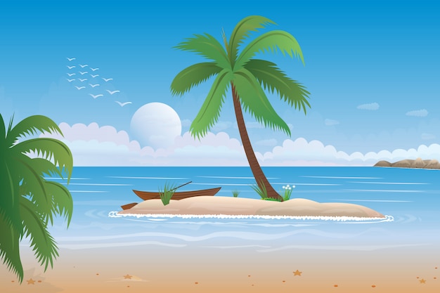 Vector ocean scene with coconut tree on beach and the sun illustration
