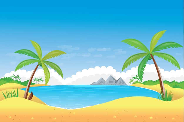 Vector ocean scene with coconut tree on beach and the sun illustration