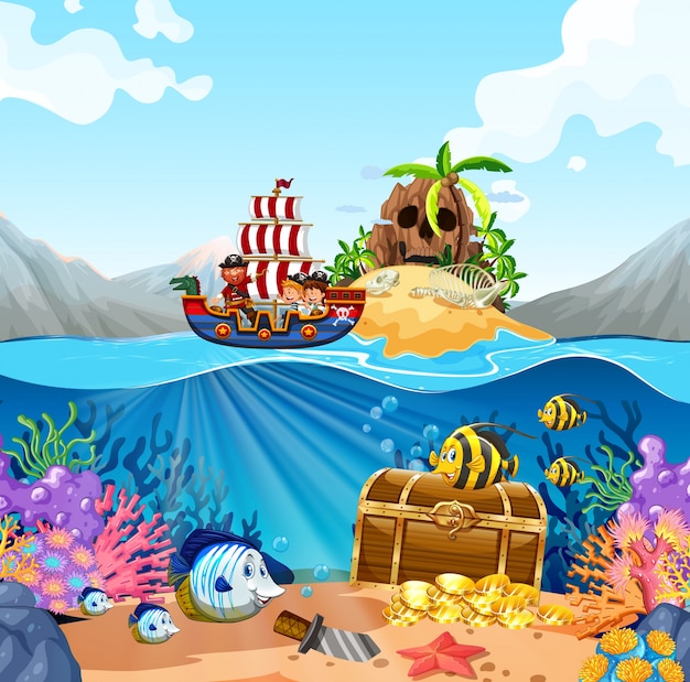 Vector ocean scene with kids on viking ship