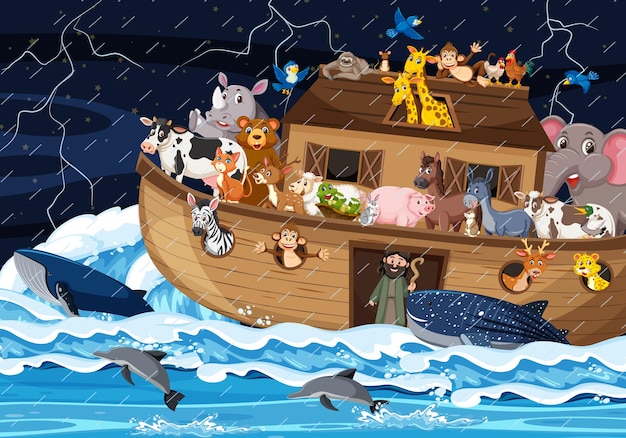 ベクトル 動物とノアの箱舟のある海のシーン