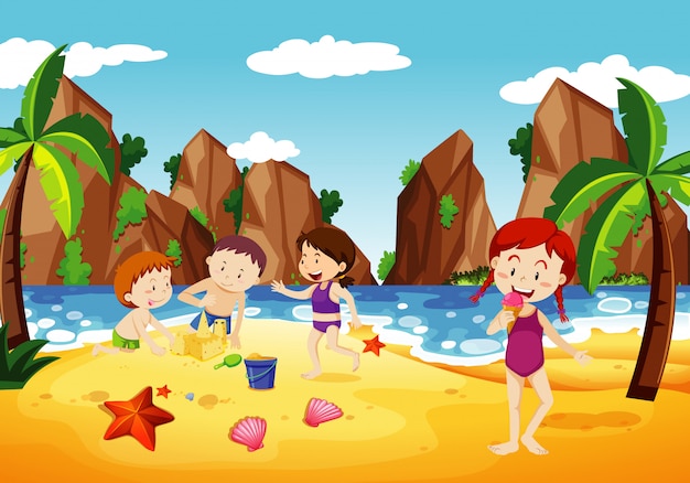 Vector ocean scene with people having fun on the beach