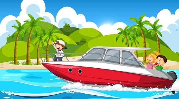 Vector ocean scenery with children on speedboat