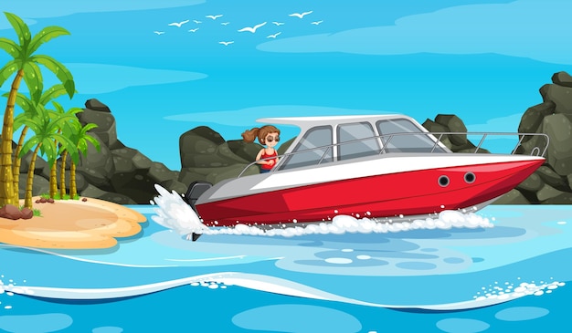 Vector ocean scenery with a woman on speedboat