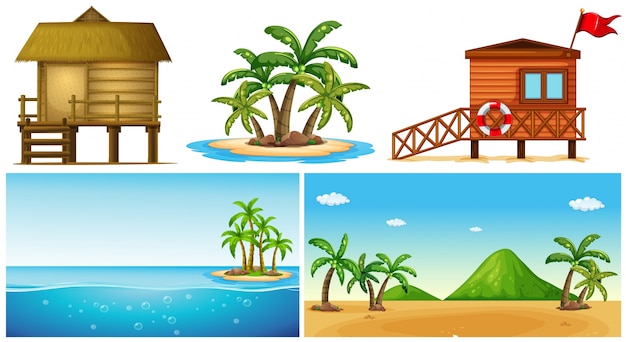 Vector ocean scenes with island and lifeguard house