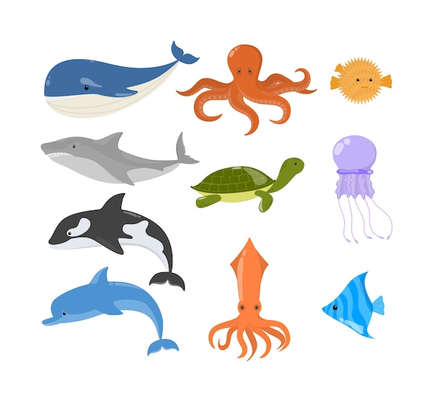 Insieme degli animali di mare e oceano. collezione di creature acquatiche. polpo e squalo. tartaruga marina. illustrazione