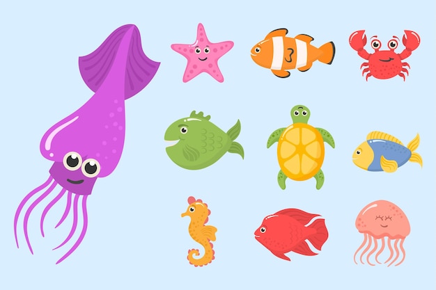 Ocean sea animals aquatic plants funny tropic underwater creatures exotic aquarium fish set