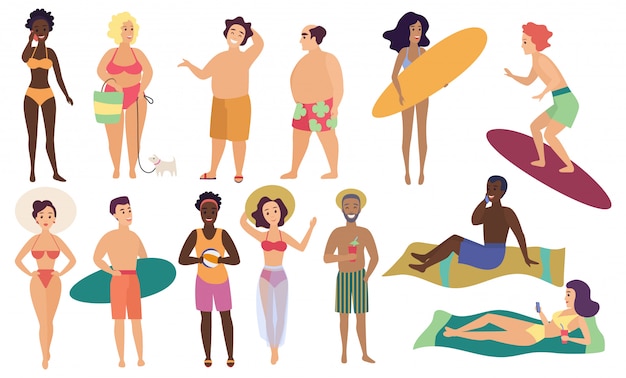 Vector ocean sea beach summer activities cute people vector illustration set