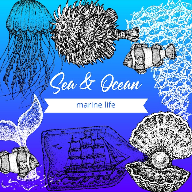 Ocean Sea Dotwork Poster