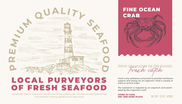 Ocean seafood packaging label design sketch di granchio disegnato a mano con sfondo di faro marino