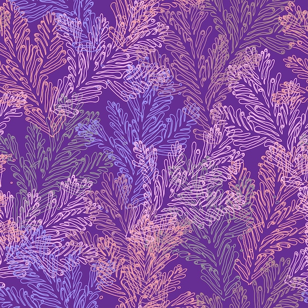 Vector ocean seamless trendy colors pattern with outlined sea corals in lilac tones
