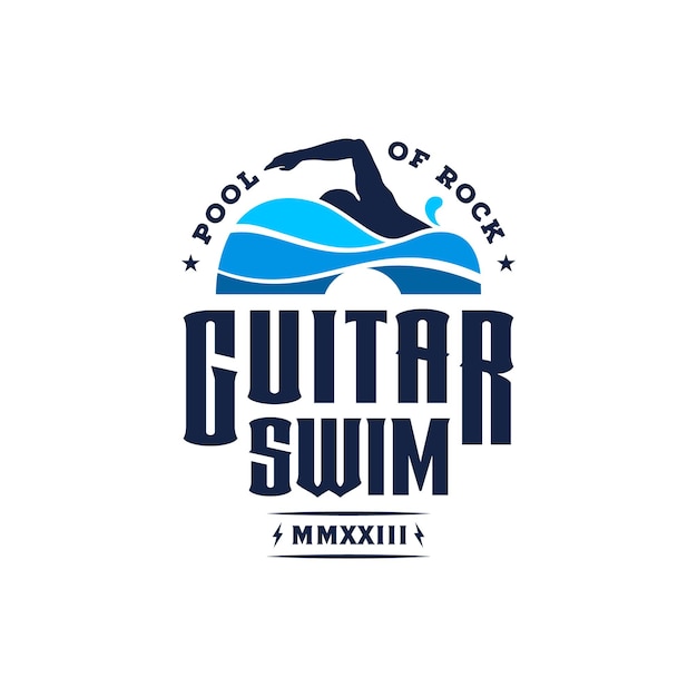 Ocean Sewa Wave Water met gitaarinstrument en zwemmer voor logo-ontwerp voor zwemmen Sportlied