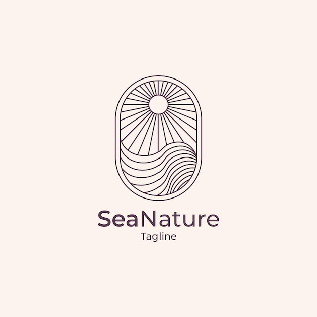 Ocean Sun line outline Logo Design sea line outline logo