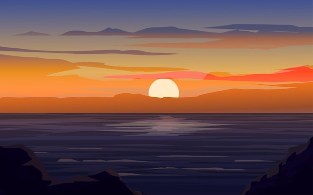 Vector ocean sunset landscape with clouds