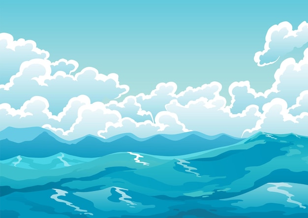 Поверхность океана или ландшафт Водные волны голубое небо и белые облака Графика мультфильм морской пейзаж или водный пейзаж Векторная иллюстрация сурового океана