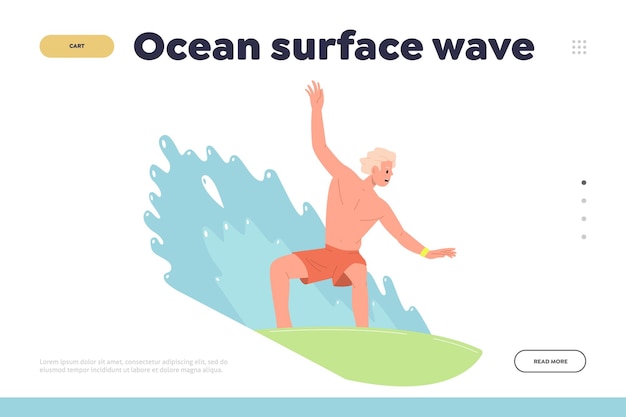 Ocean surface wave landing page Website template with man character surfer standing on board design Surf club beach recreation and extreme sport activities on tropical resort advertisement