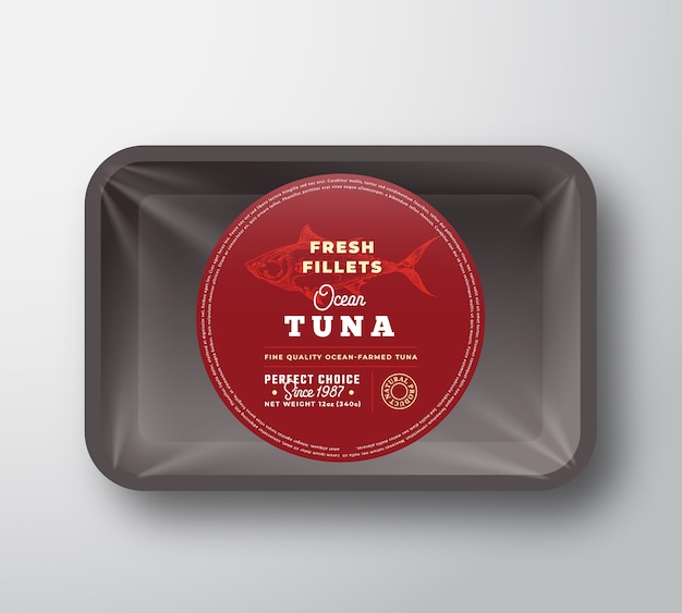 Vector ocean tuna fillets. abstract vector fish plastic tray with cellophane cover packaging design