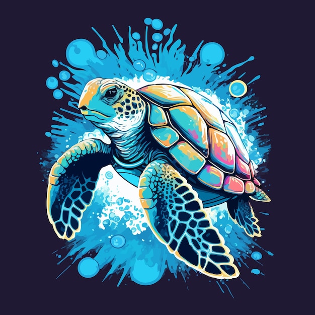 Ocean turtle with water splashes in colorful graffitistyle vector illustration on dark background