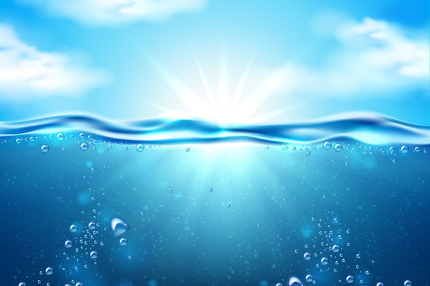 Vector ocean underwater scene with sunbeam through transparent water